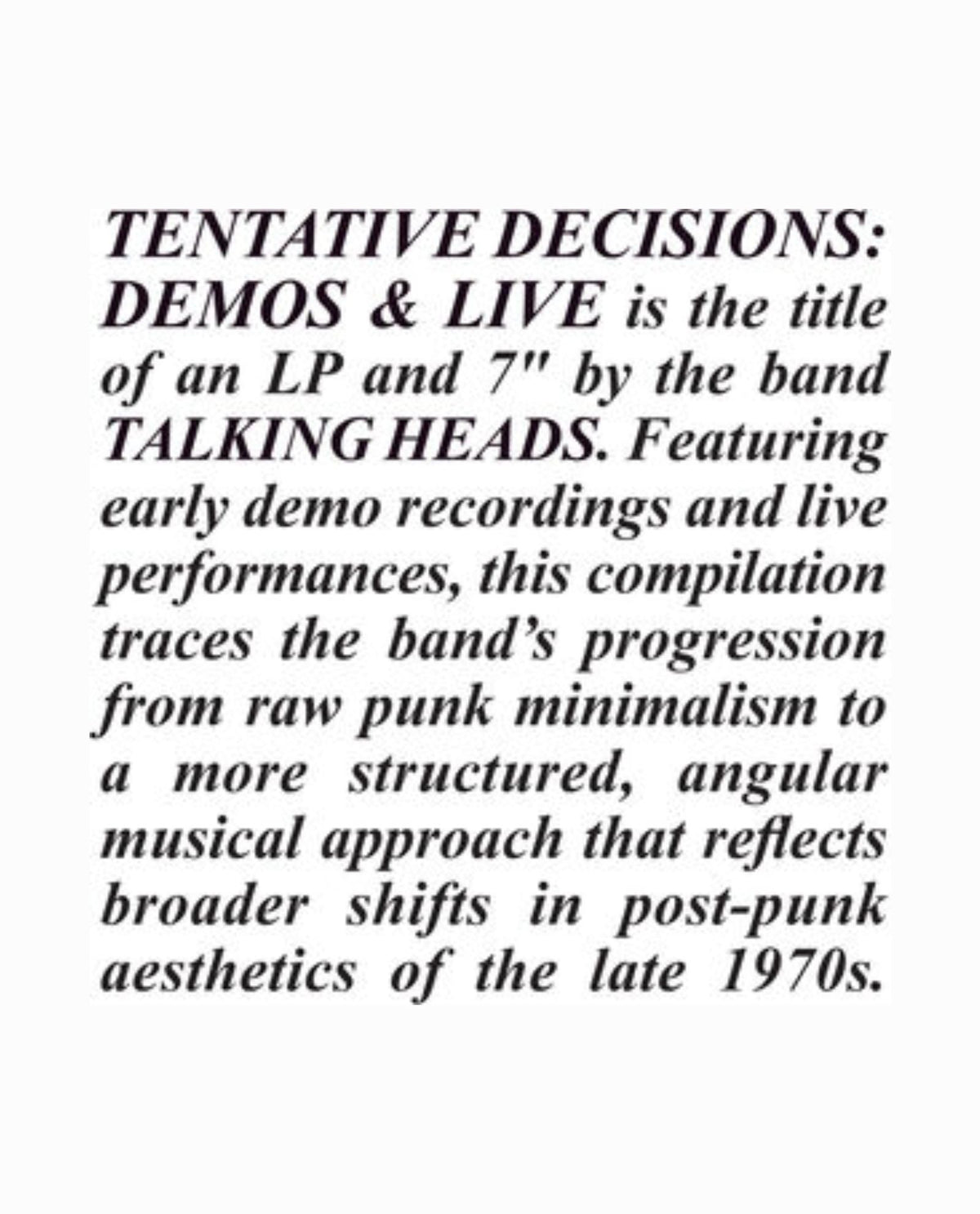 Talking Heads - 2LP Vinilo "Tentative Decisions: Demos & Live"