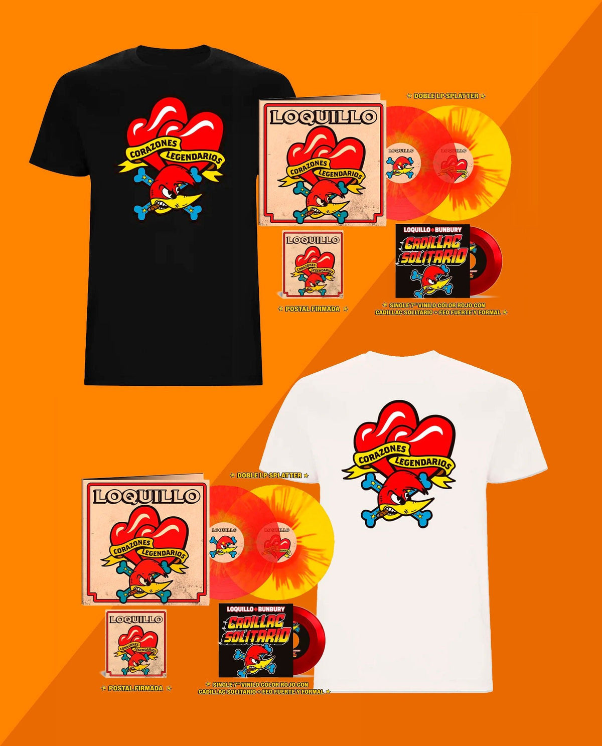 Loquillo - 2LP Vinilo Splatter Rojo y Amarillo + Single 7" EXCLUSIVO + POSTAL FIRMADA + Camiseta "Corazones Legendarios" - D2fy · Rocktud - D2fy · Rocktud