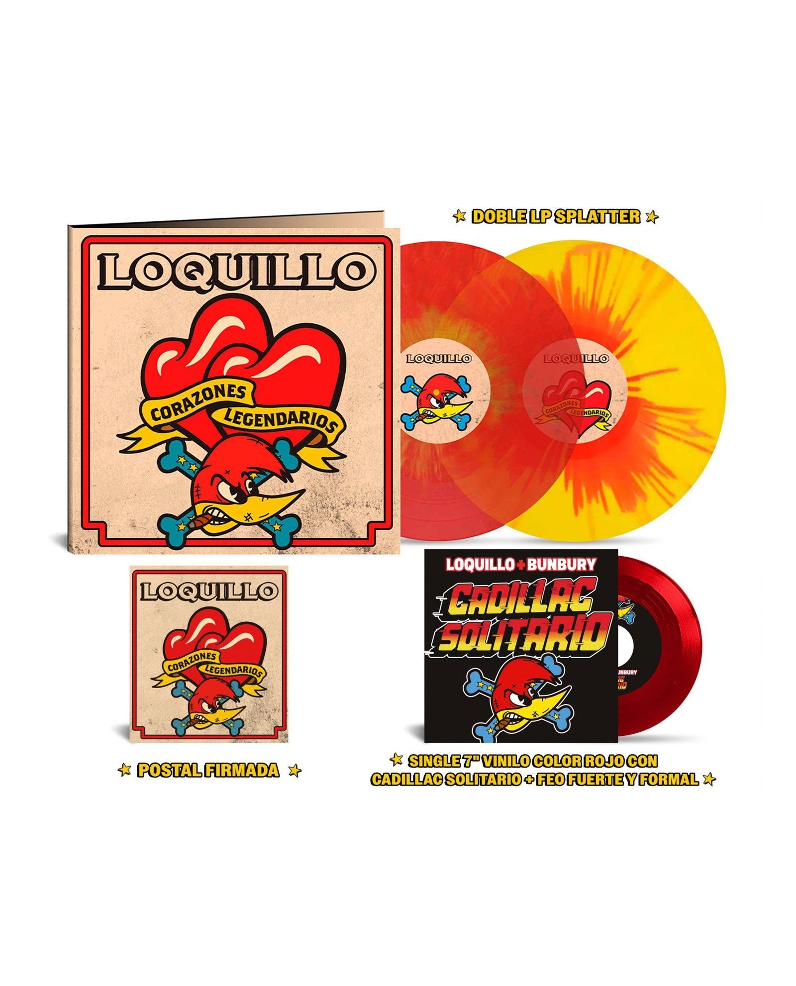Loquillo - 2LP Vinilo Splatter Rojo y Amarillo + SINGLE +POSTAL FIRMA "Corazones Legendarios" - D2fy · Rocktud - Loquillo