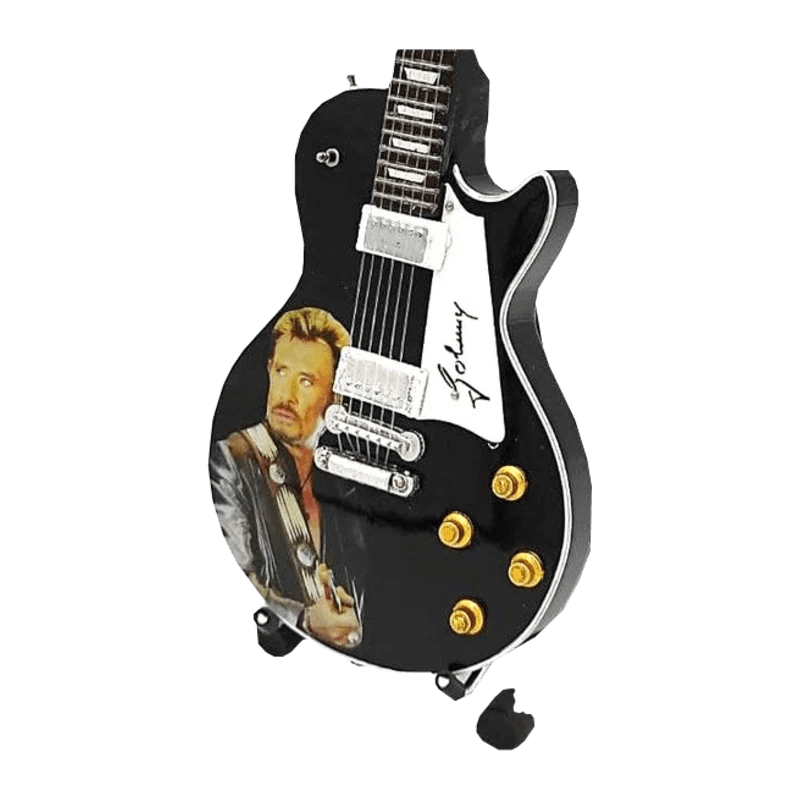 Music Legends - N3285 Mini Guitarra de Colección Negra con Retrato (Años 80) - Inspirada en Johnny Hallyday - D2fy - Direct To Fans - Music Legends