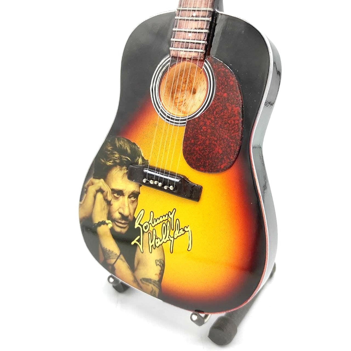 Music Legends - N45 Mini Guitarra de Colección Acústica Sunburst con Retrato (Años 80) - Inspirada en Johnny Hallyday - D2fy - Direct To Fans - Music Legends