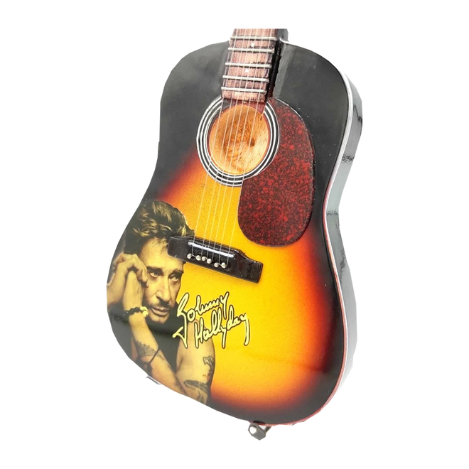 Music Legends - N45 Mini Guitarra de Colección Acústica Sunburst con Retrato (Años 80) - Inspirada en Johnny Hallyday - D2fy - Direct To Fans - Music Legends